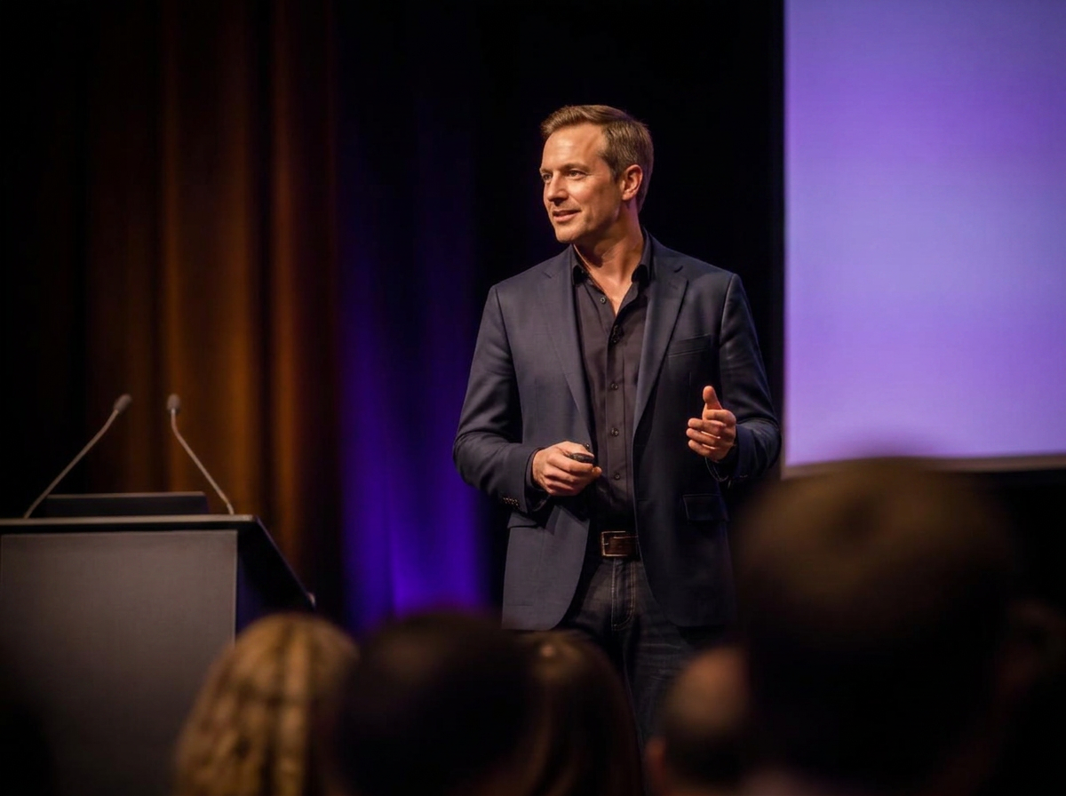 Ben Browning speaking on stage at a recruitment industry event